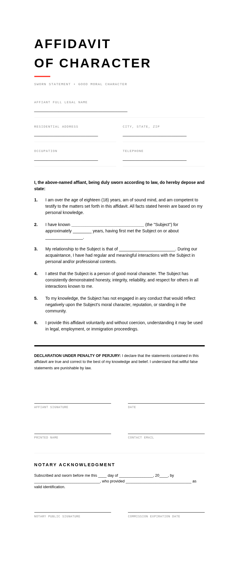 Modern Minimalist Affidavit of Character